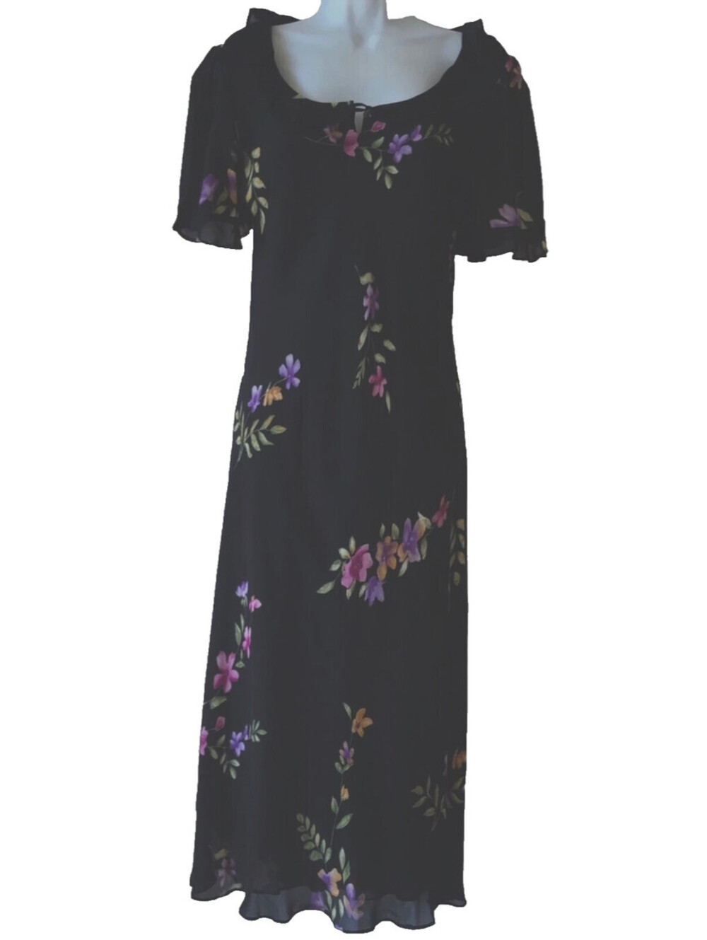 VTG POSITIVE ATTITUDE BLACK FLORAL  100% RAYON DRESS 10 EUC